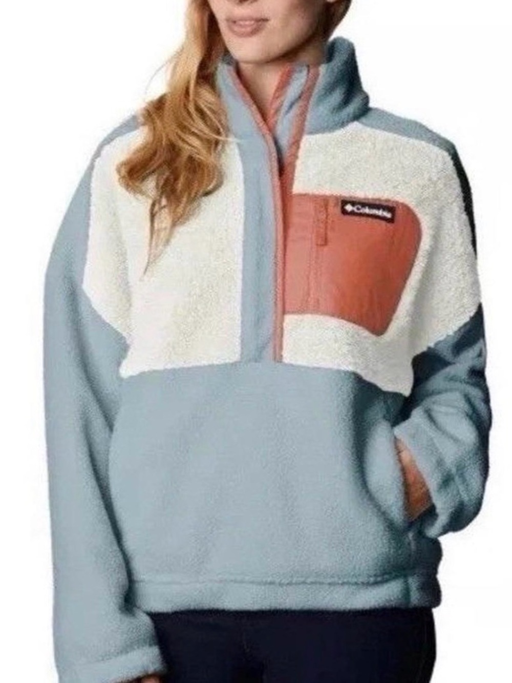 Columbia Colorblock Lodge Sherpa Pullover - Light Blue, Cream & Coral